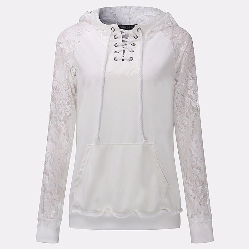 Casual Hoody Pullover Women Lace Long Sleeve Hoodies Solid Black Sweatshirts Ladies Leisure Tops