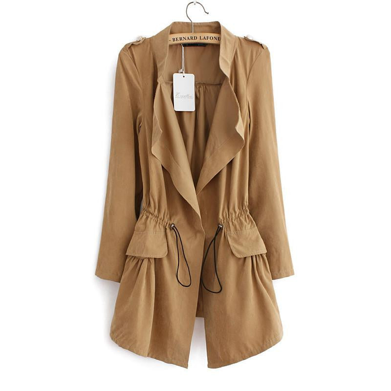 Women Cardigans Casual Turn-down Collar Long Trench Ladies Pleated Pocket Design Outwear Coat