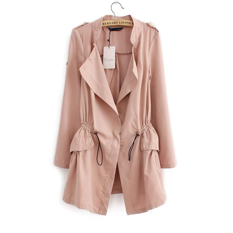 Women Cardigans Casual Turn-down Collar Long Trench Ladies Pleated Pocket Design Outwear Coat