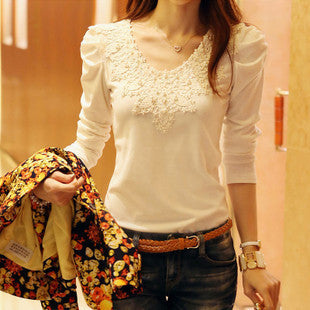 Women's Casual Shirt Lace Tops Cute Elegant Long Sleeves Blouses