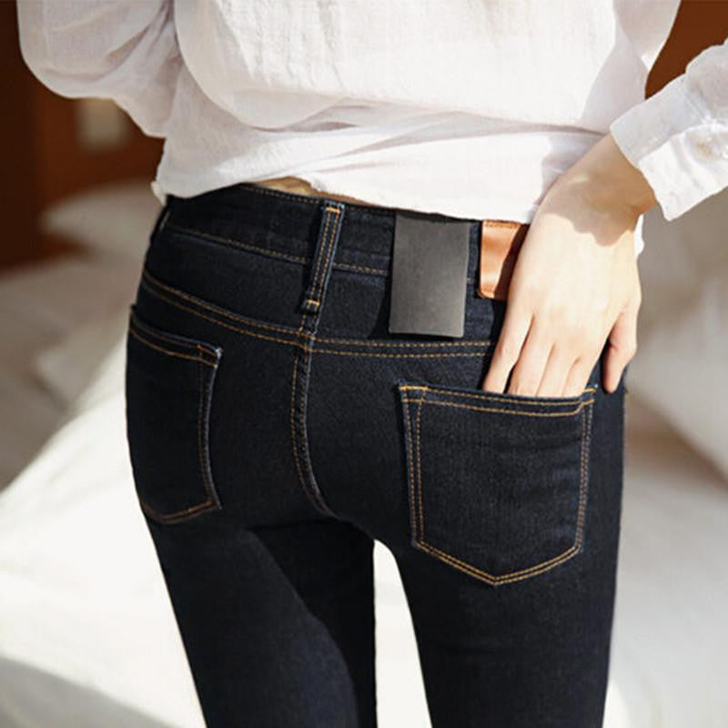 Winter Jeans Women Gold Fleeces Inside Warm Jeans Solid Skinny Denim Pencil Pants Low Waist Trousers P8022