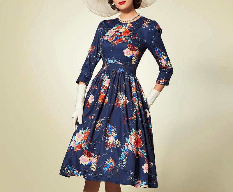 Summer Dress Vintage Retro Floral Print Dress Women's 3/4 Sleeve Dress Summer Dress
