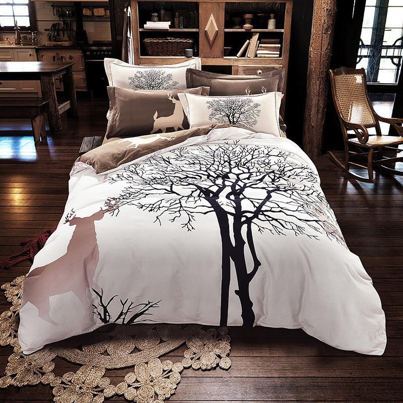 Tree Deer print bedding set thick sanding cotton Bedlinen Queen/King size Duvet cover set