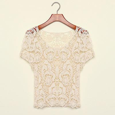 Women White Tops Casual Lace Blouse Hollow out Shirt