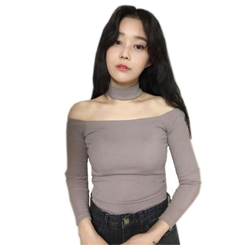 Online discount shop Australia - Choker Tops Women Crop Tops Slash Neck Off Shoulder Cotton Slit Neckline Slim Fit  Asian