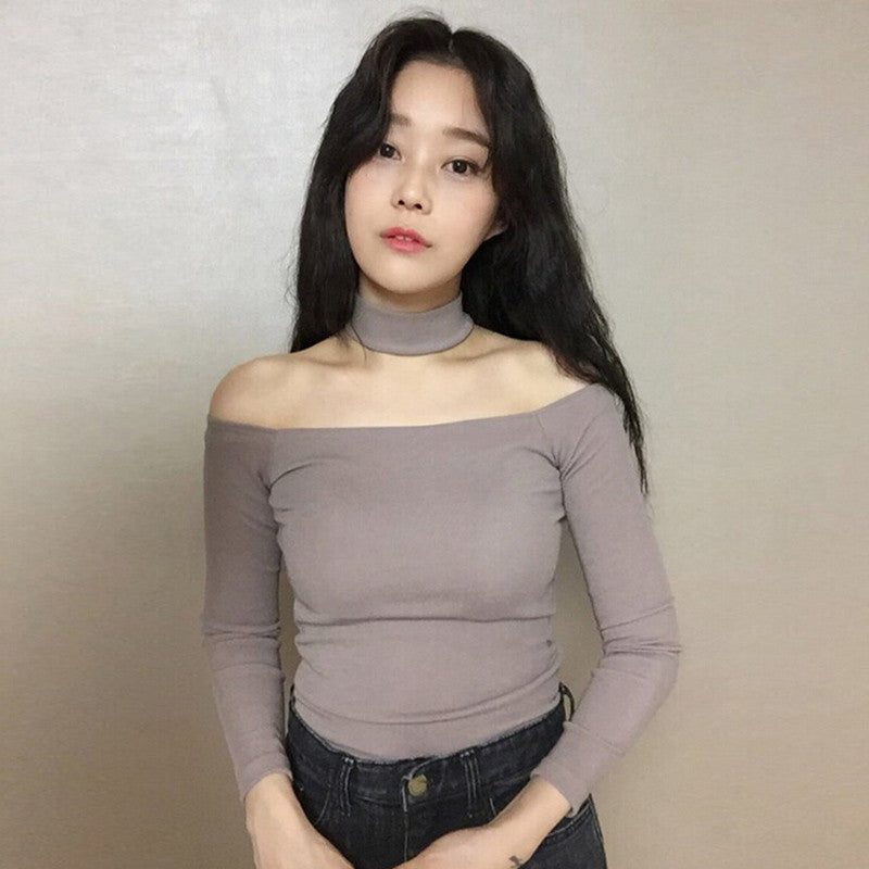 Online discount shop Australia - Choker Tops Women Crop Tops Slash Neck Off Shoulder Cotton Slit Neckline Slim Fit  Asian