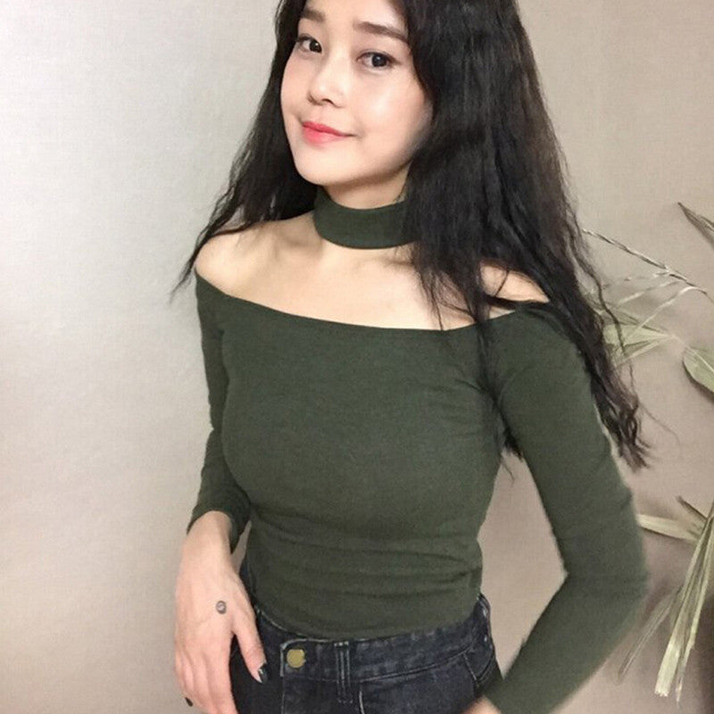 Online discount shop Australia - Choker Tops Women Crop Tops Slash Neck Off Shoulder Cotton Slit Neckline Slim Fit  Asian