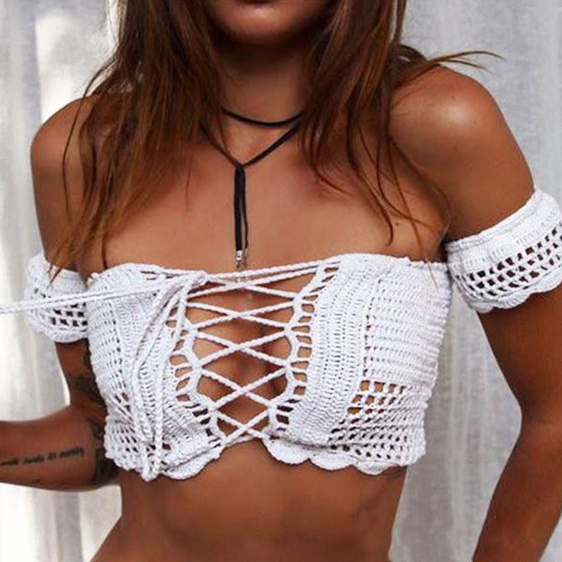 Knitted Crochet White Crop Tops Bikini Beachwear 90's Girls Casual Lace Up Off Shoulder Bikini Bra Tank Top Cropped