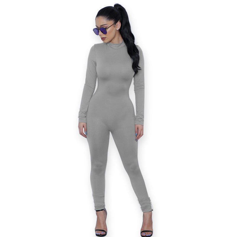 Casual Women One Piece Jumpsuits Long Sleeve turtleneck Bodycon Back Zipper Long Pants Outfits Grey Rompers