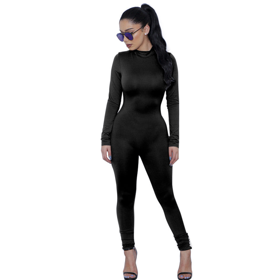 Casual Women One Piece Jumpsuits Long Sleeve turtleneck Bodycon Back Zipper Long Pants Outfits Grey Rompers