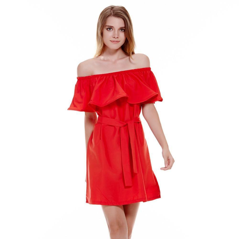 vestidos party dresses Women Off Shoulder Sleeveless Ruffles Fashion Dresses Summer Casual Dress 5Solid Colors