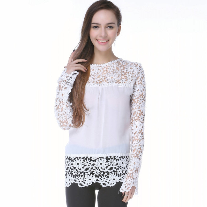 Online discount shop Australia - Fashion Women Multicolor Crochet Lace Shirt Female Blouse Floral Lace Long Sleeve Chiffon Women Blouse Lace Plus Size S-5XL