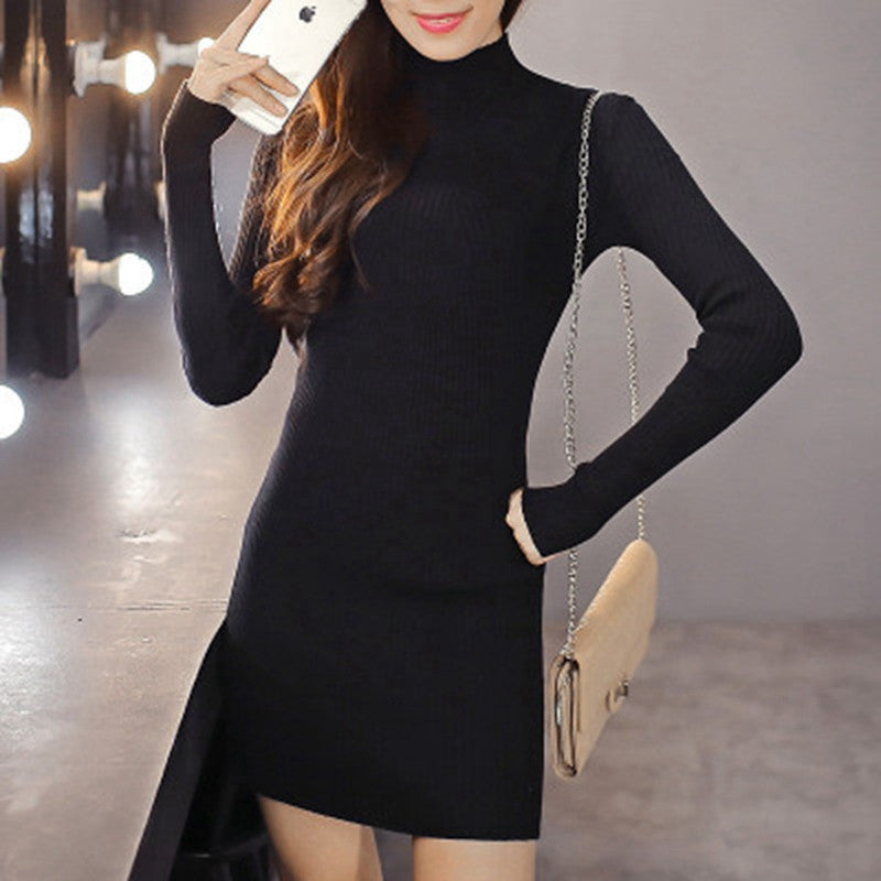 Women Sweater Dresses Casual Black Bodycon Dress Basic Long Sleeve Mini Office Knitted Dress