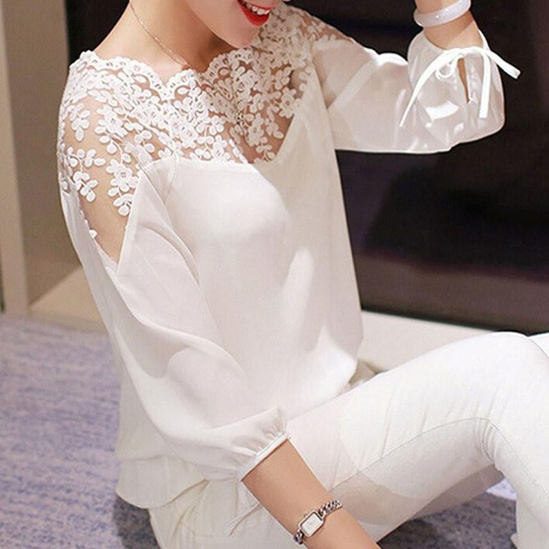 Women Lace Stitching Chiffon Blouses Loose Type Slash neck Shirts Solid Color Three Quarter Sleeve Blo Black White