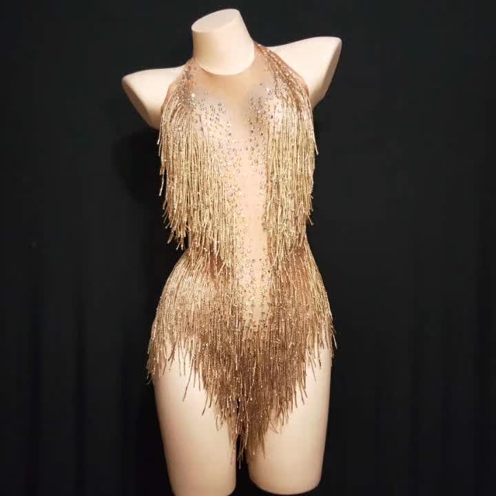 Sparkly Gold Rhinestones Tassel Bodysuit One Piece Leotard Dance Wear Singer Crystals Costume