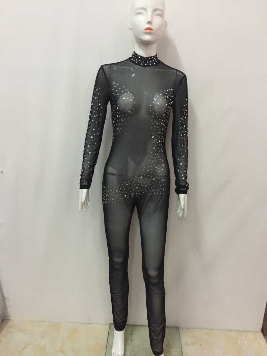 Online discount shop Australia - Jahurto Black Mesh Jumpsuit Rhinestone Romper Long Sleeve Sheer See Through Bandage Bodysuits Woman Bodycon Outfits