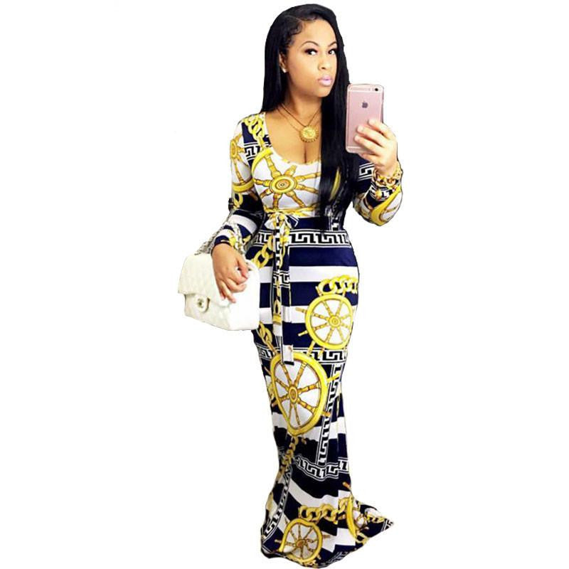 Women Autumn Vintage Long Dress Robe British Style Long Sleeve Print Maxi Dress Waist Belt Bandage Bodycon Pencil Party Dresses