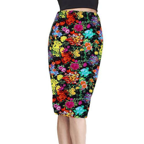 Vintage Fashion Printed Pencil Skirt Midi Women Knee-Length Elastic High Waist Ladies Pattern Skirts