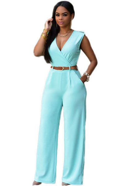 Online discount shop Australia - New 6 Colors Women Jumpsuit V Neck Belt Embellished Jumpsuit LC64003 Plus Size