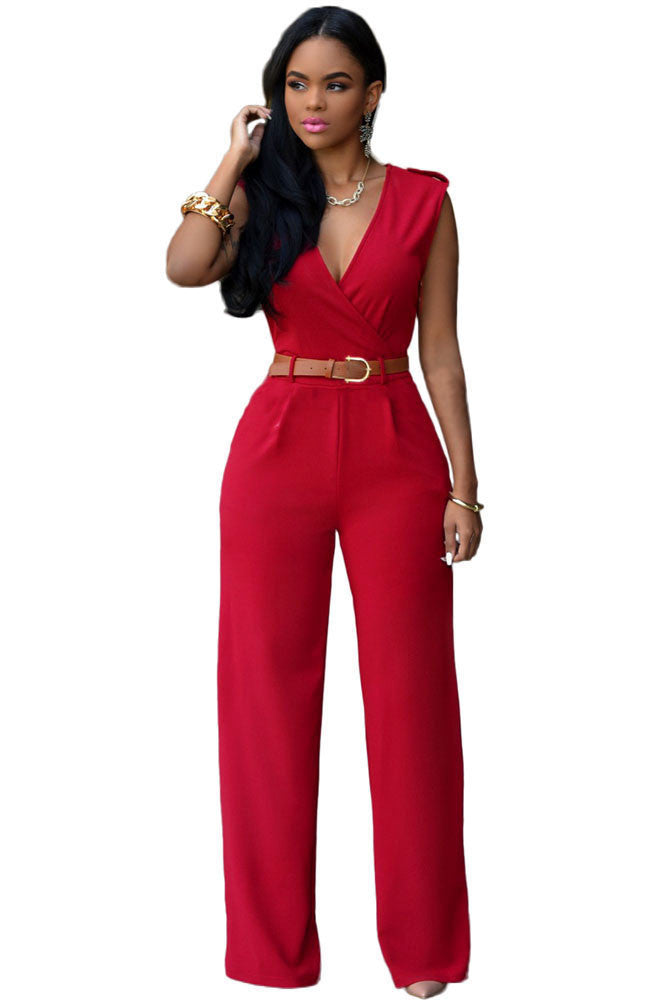 Online discount shop Australia - New 6 Colors Women Jumpsuit V Neck Belt Embellished Jumpsuit LC64003 Plus Size