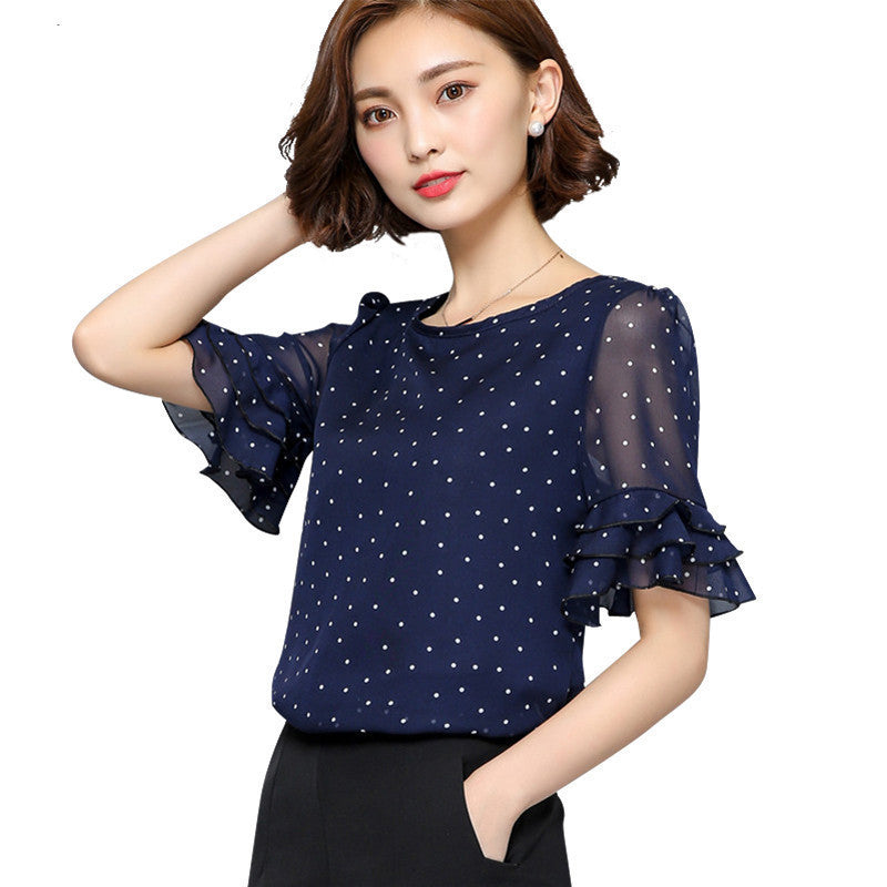 Fashion Short sleeve women chiffon blouse Polka Dot Flared women blouses Plus size Women Clothing Ladies Tops