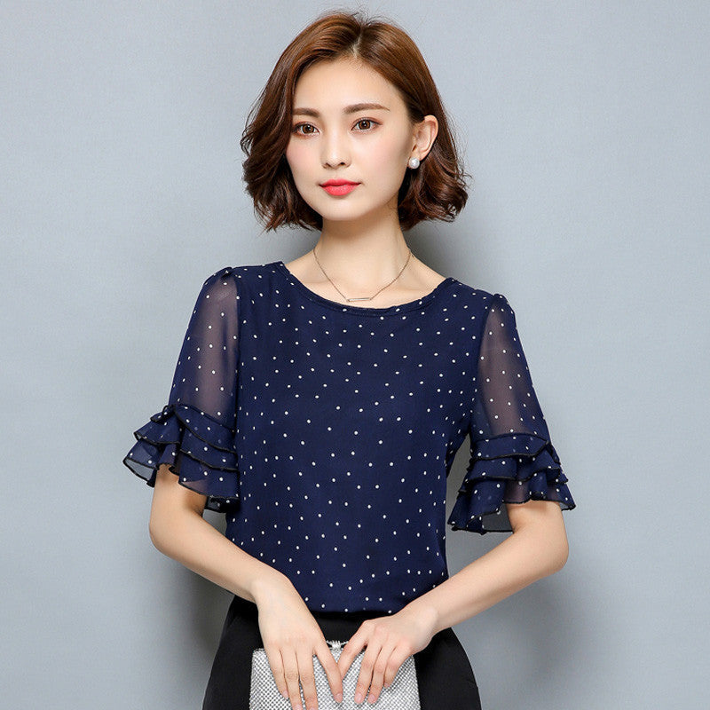 Fashion Short sleeve women chiffon blouse Polka Dot Flared women blouses Plus size Women Clothing Ladies Tops