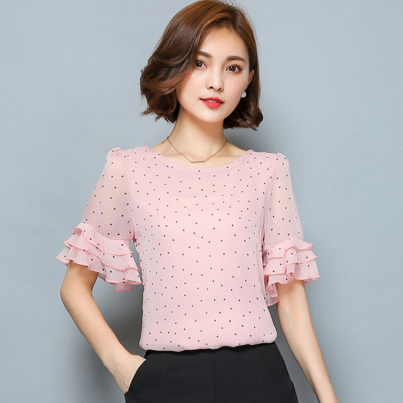 Fashion Short sleeve women chiffon blouse Polka Dot Flared women blouses Plus size Women Clothing Ladies Tops