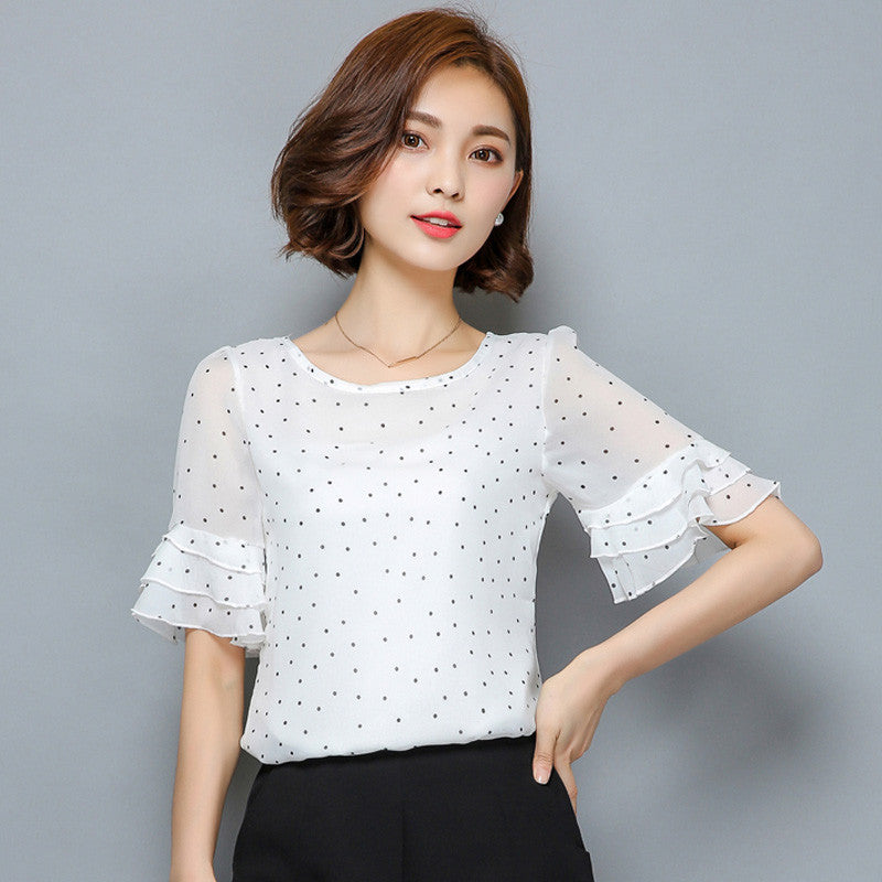 Fashion Short sleeve women chiffon blouse Polka Dot Flared women blouses Plus size Women Clothing Ladies Tops