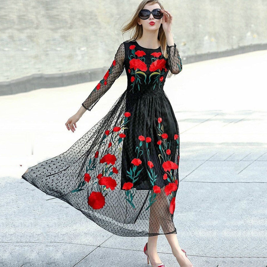 Online discount shop Australia - Fashion New Long Sleeve Sexy Mesh Carnation Embroidery Slim Black Long Dress