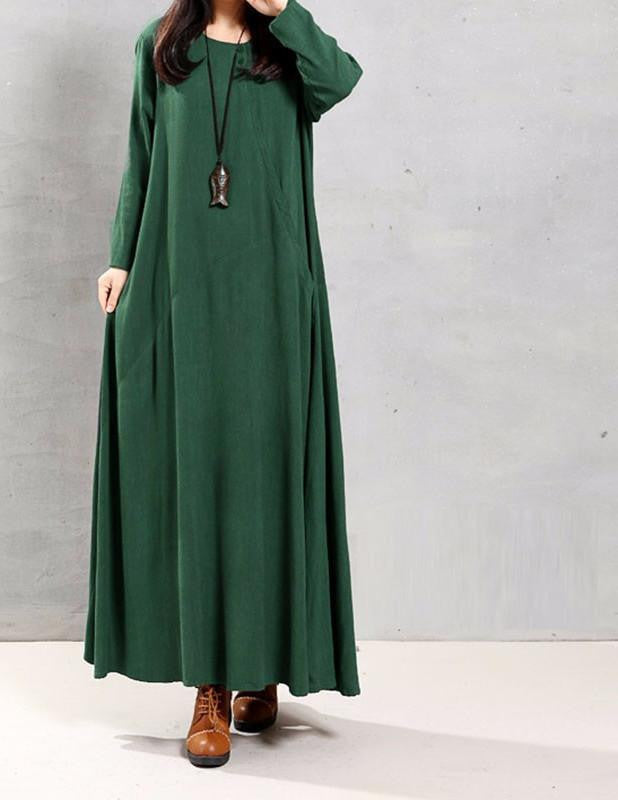 Vestidos Autumn ZANZEA Women Retro Maxi Long Dress O Neck Long Sleeve Pockets Casual Loose Solid Cotton Dress Plus Size
