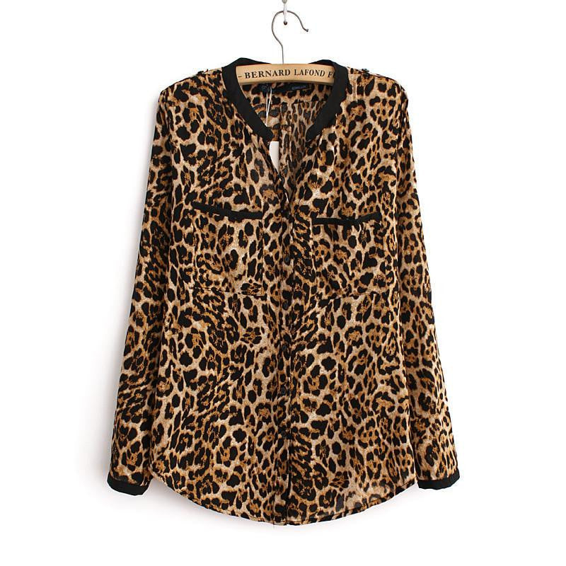 Women Blouse Leopard Print Long Sleeve V-Neck Top Shirts Plus Size Shirt Clothing
