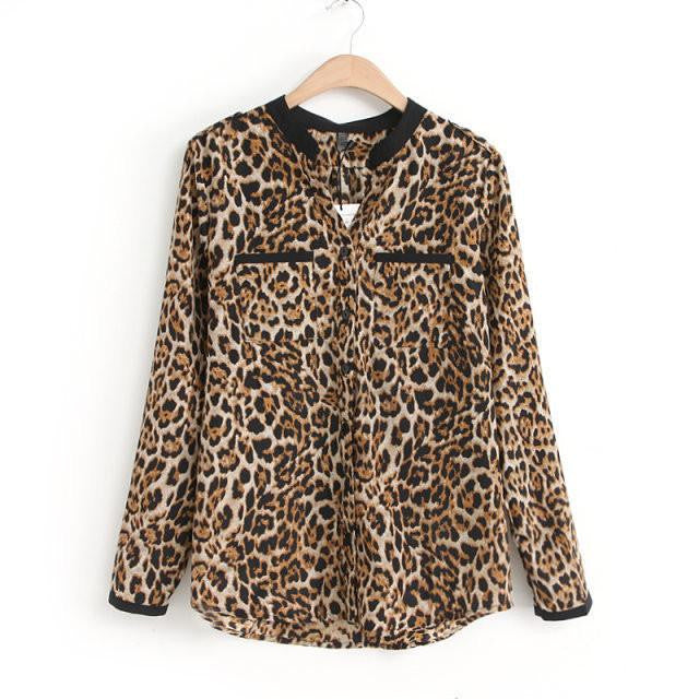 Women Blouse Leopard Print Long Sleeve V-Neck Top Shirts Plus Size Shirt Clothing