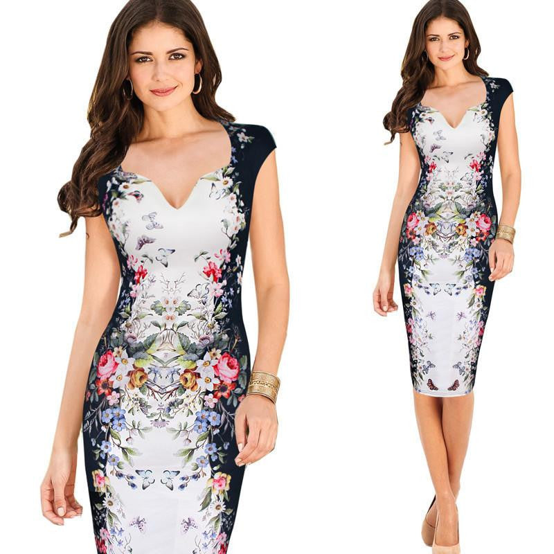 Women Elegant Sleeveless Flower Print Natural OL Career Pencil Dress Lady V-Neck Zipper Knee-Length Dresses S-3XL