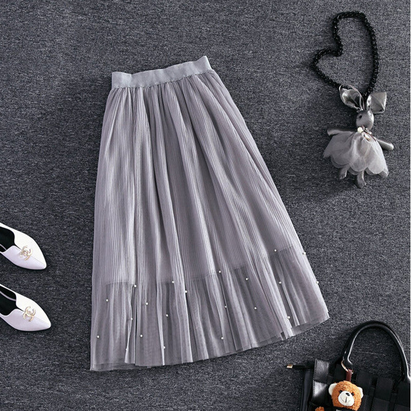 Online discount shop Australia - Elastic waist Lace flower length skirt new spring Korean female Pearl Beaded gauze skirt Tutu skirt body elegant skirt