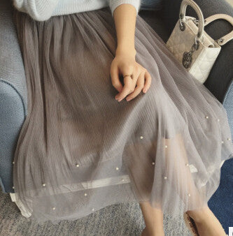 Online discount shop Australia - Elastic waist Lace flower length skirt new spring Korean female Pearl Beaded gauze skirt Tutu skirt body elegant skirt