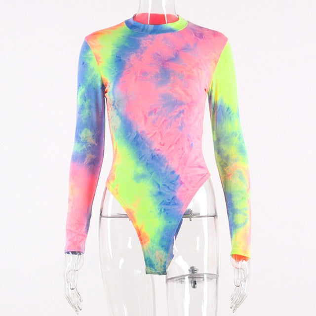 women bodysuit tie dye long sleeve streetwear festival clothes body office one piece rompers bodycon