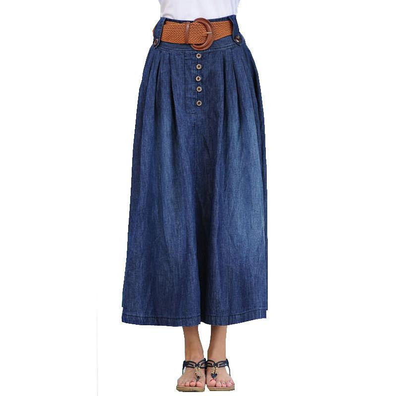 Women's casual wide flare skirt Lady's large size ankle length long denim skirt with belt