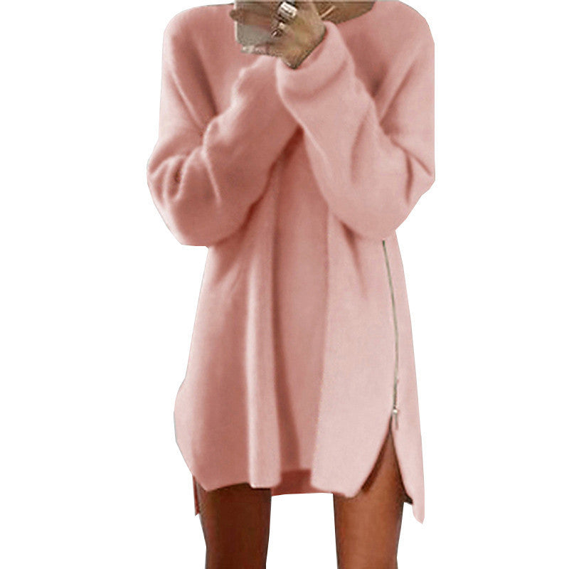 Online discount shop Australia - Elegant Long Sleeve Sweater Dress Women Casual Zipper Kintted Loose Winter Tunic Dresses