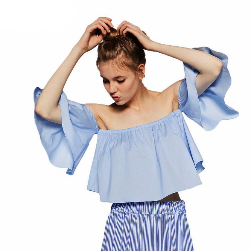 Women Blouses Casual Women Tops Flare Sleeve Strapless Off Shoulder Tops Women Shirts