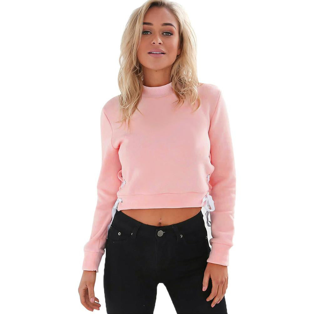 Women Slit Lacing Pullover Jumper Hoody Solid Long Sleeve Crop Top Blouse Sweatshirt Plus Size