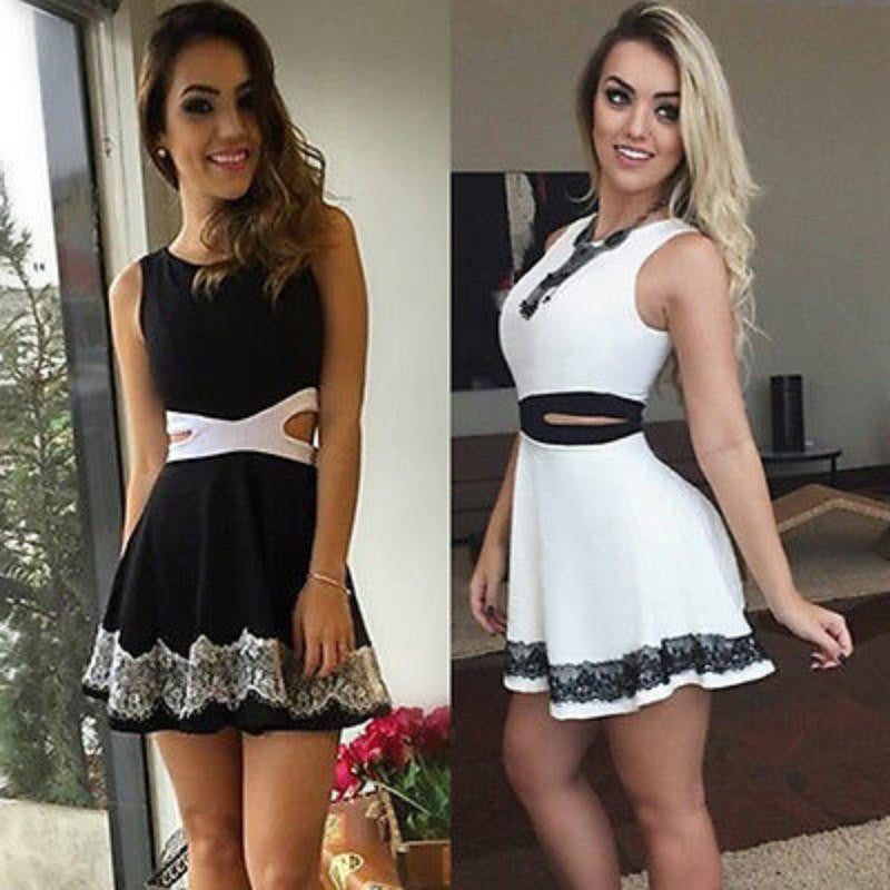 Women Bandage Bodycon Dress Sleeveless Hollow Out Lace Party Evening Club wear Short Mini Dress 6-14