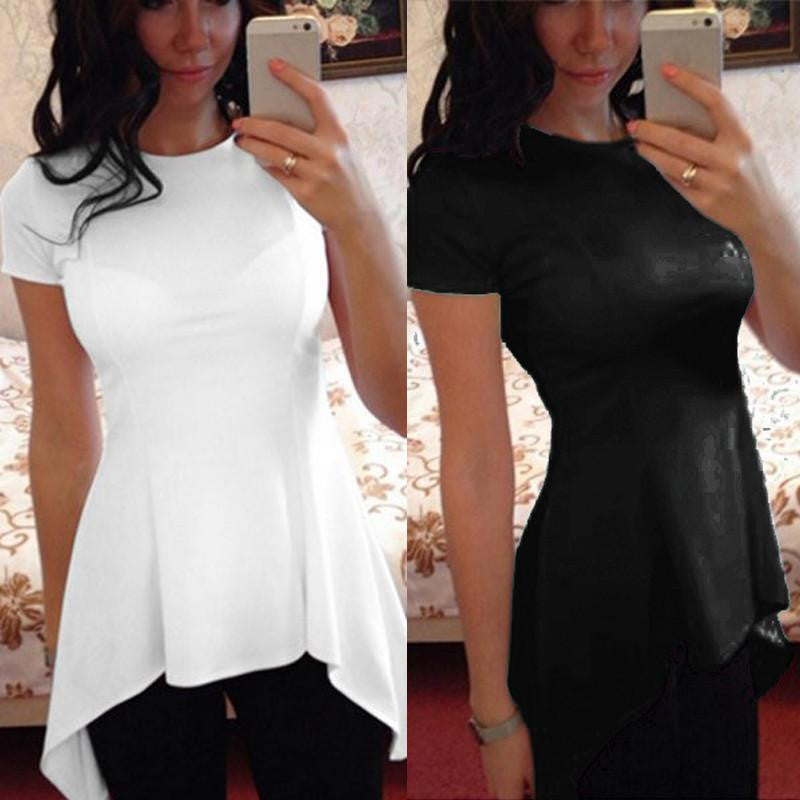 Women Blouse Ladies Short Sleeve O Neck Irregular Hem Peplum Waist Slim Fit Shirt Tops Plus Size S-4XL