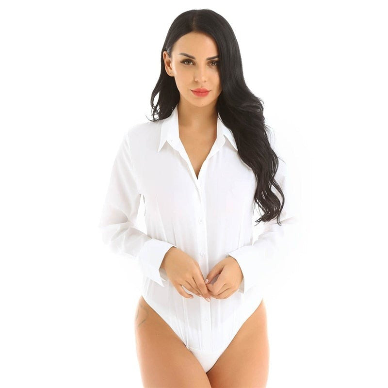 Office Lady Work White Bodysuit Woman Long Sleeve OL Shirt Bodysuit Turn Down Collar Tops Body Blouse Suit