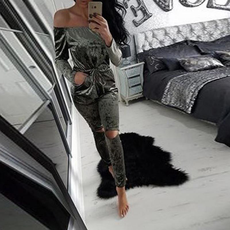 Women Solid Slim Velvet Off Shoulder Strapless Tops Long Hollow Out Pants Jumpsuit