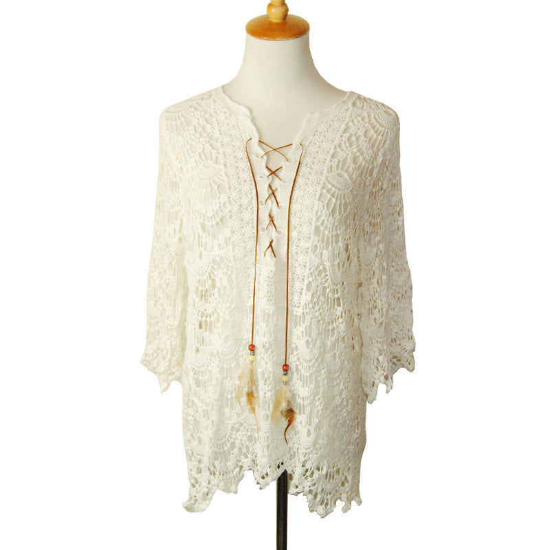 Online discount shop Australia - Elegant White Lace Blouse Tunic Shirt Women Tops 3/4 Sleeve Vintage Girls Blouse Sexy V Neck