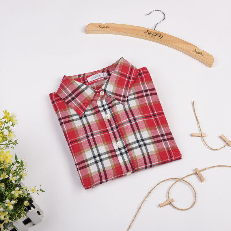 Grid Stripe shirt Fashion Women Long Sleeve Turn-down Collar Plaid Shirts Casual Cotton Shirt