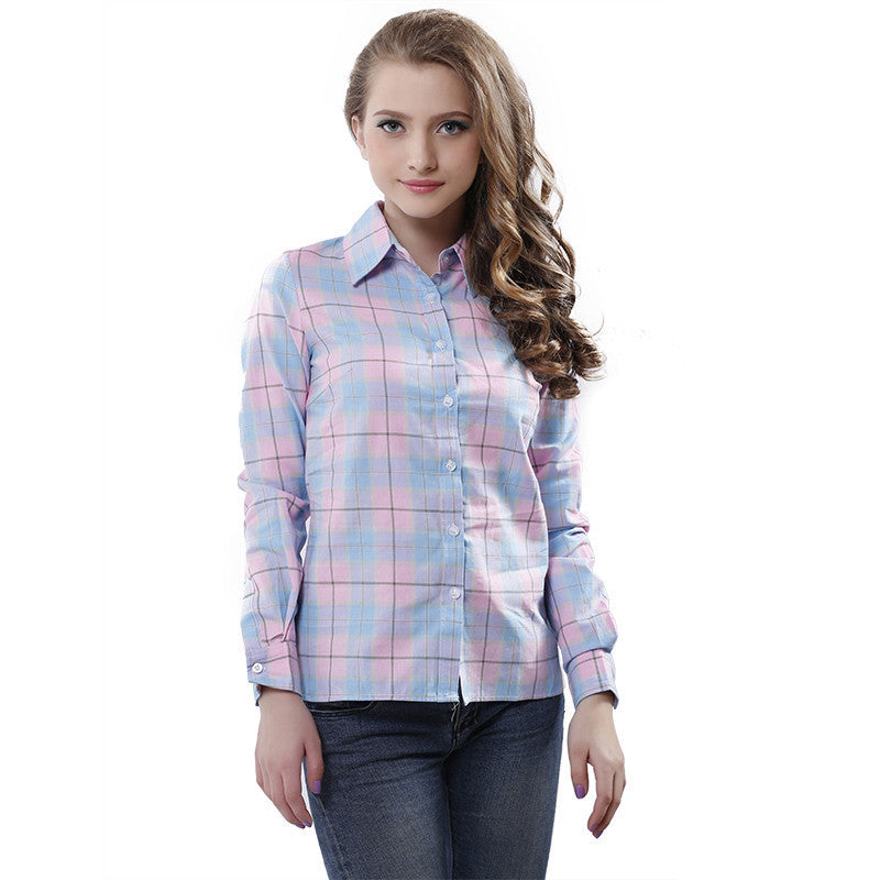 Grid Stripe shirt Fashion Women Long Sleeve Turn-down Collar Plaid Shirts Casual Cotton Shirt