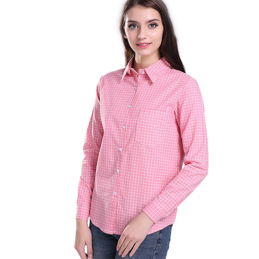 Grid Stripe shirt Fashion Women Long Sleeve Turn-down Collar Plaid Shirts Casual Cotton Shirt