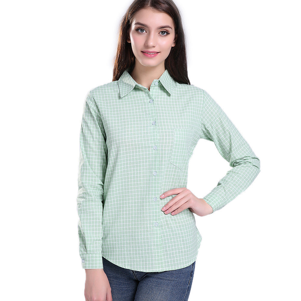 Grid Stripe shirt Fashion Women Long Sleeve Turn-down Collar Plaid Shirts Casual Cotton Shirt