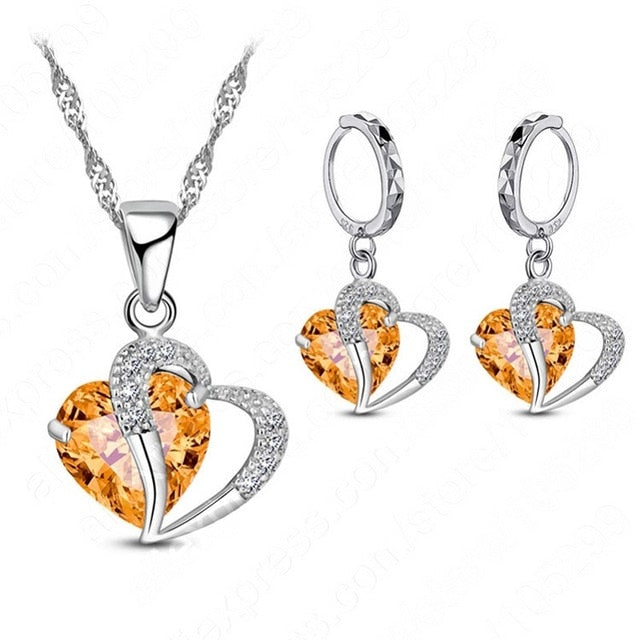 Women 925 Sterling Silver Cubic Zircon Necklace Pendant Earrings Sets Cartilage Piercing Jewelry Wedding Heart Design